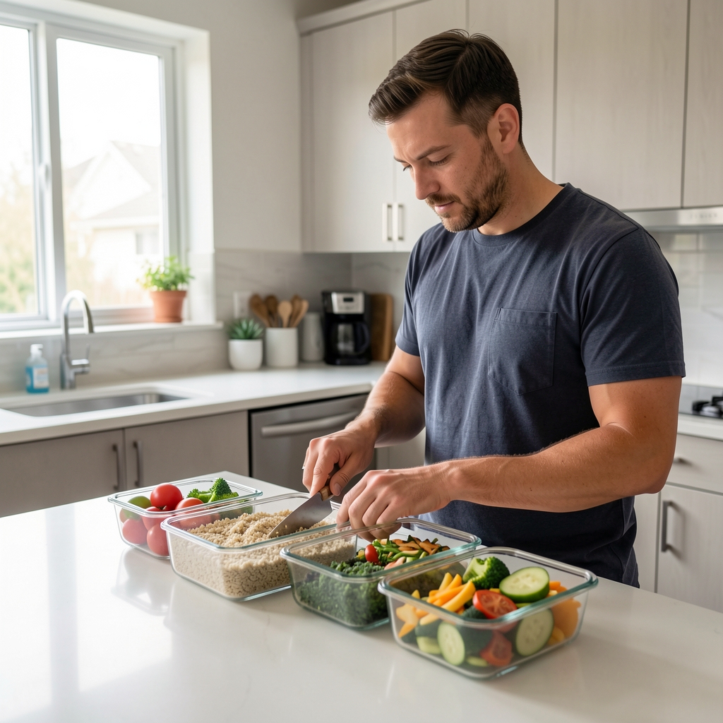 A man in his early thirties meal-prepping in a well-lit modern kitchen, portioning whole grains and vegetables into glass meal-prep containers on a clean countertop