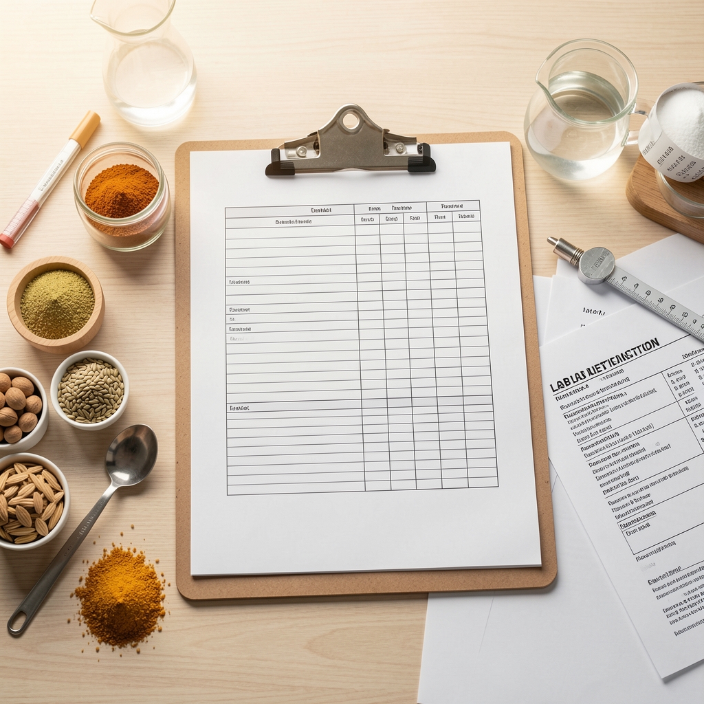 Detailed dietary assessment worksheet pinned to a clipboard on a desk, surrounded by ingredient samples, measurement tools, and printed lab verification sheets under bright studio lighting