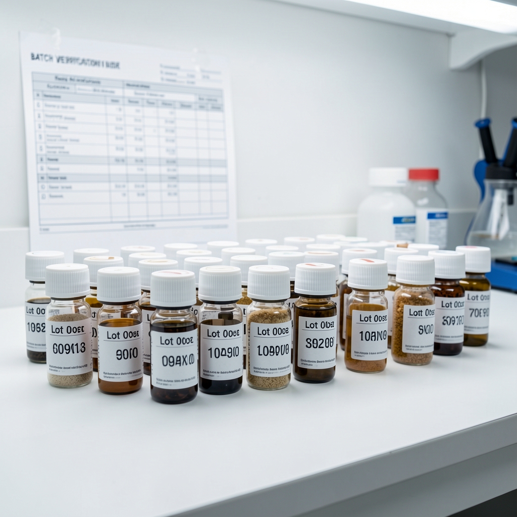 Organized row of ingredient sample vials with lot number stickers on a clean lab bench under controlled white lighting, with a batch verification sheet visible in the background