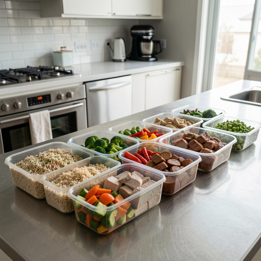 Weekly meal prep session with portioned containers of grains, vegetables, and protein arranged in sequence on a stainless steel countertop in a modern kitchen