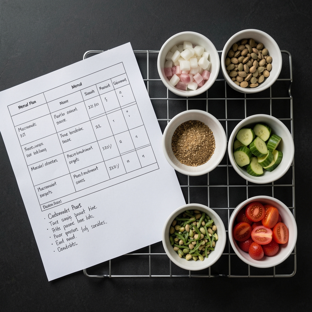 Overhead view of a structured meal plan document alongside portioned ingredients in small bowls arranged on a grid on a dark surface, with handwritten notes on macronutrient targets