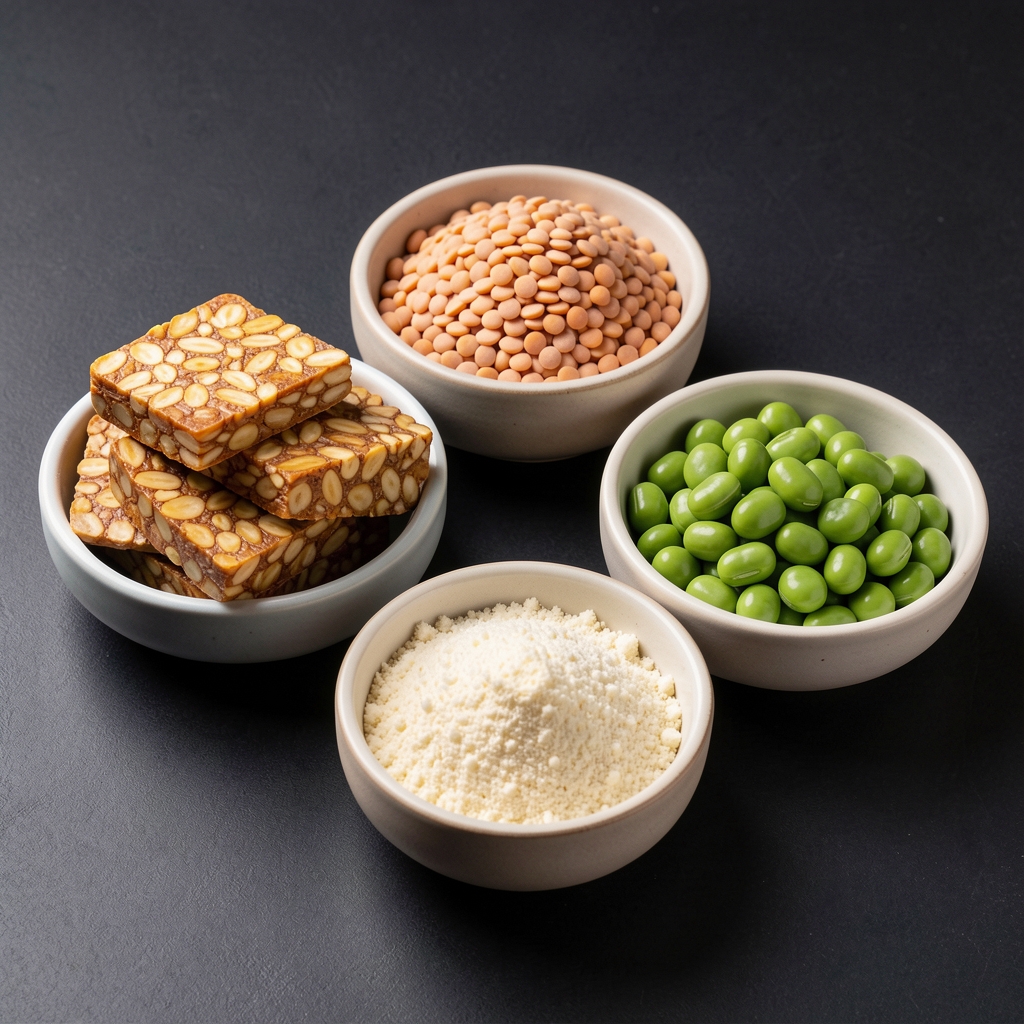 Colourful array of plant-based protein foods including tempeh, lentils, edamame, hemp seeds, and nutritional yeast displayed in separate bowls on a dark surface under bright studio lighting