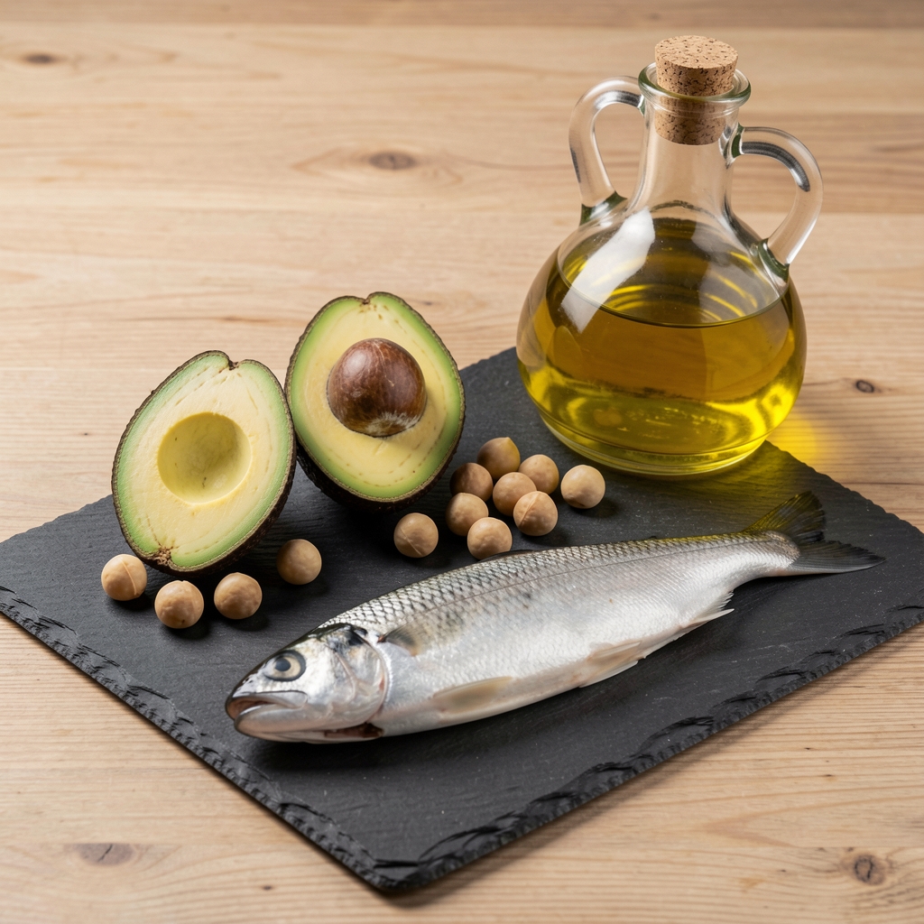 High-fat keto meal components including avocado halves, macadamia nuts, olive oil bottle, and fatty fish fillet arranged systematically on a slate board